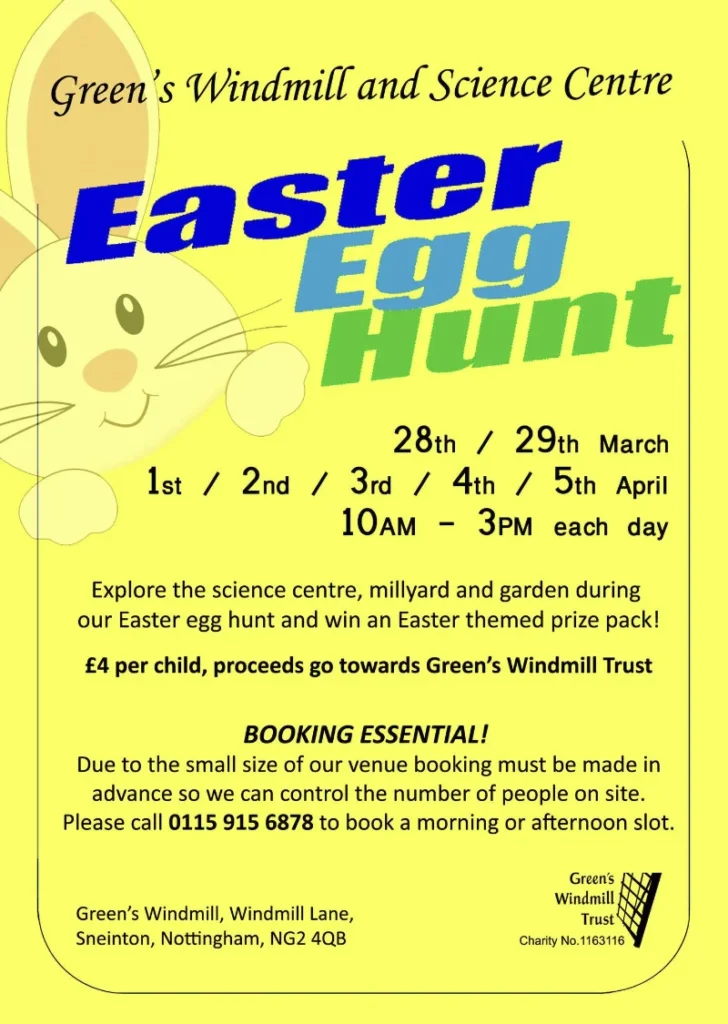A yellow backgrount with an illustrated rabbit with the text 'Easter Egg Hunt' and details of the event from this article.