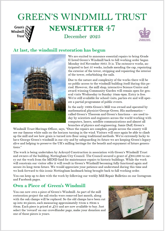 A screenshot of the front page of the Green's Windmill December 2025 newsletter which can be downloaded as a pdf