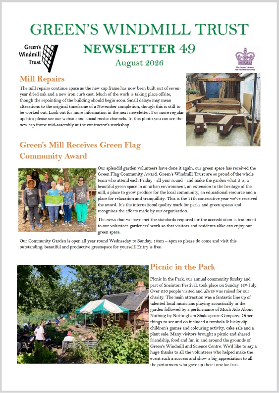 A screenshot of the first page of the Green's Windmill newsletter number 49 which is available to download in this post
